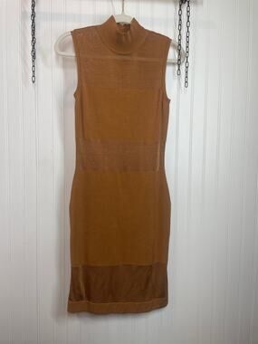 Vermani Caramel Sheer Silk Blend Mock neck Sleeveless Mini Dress Silk Size L